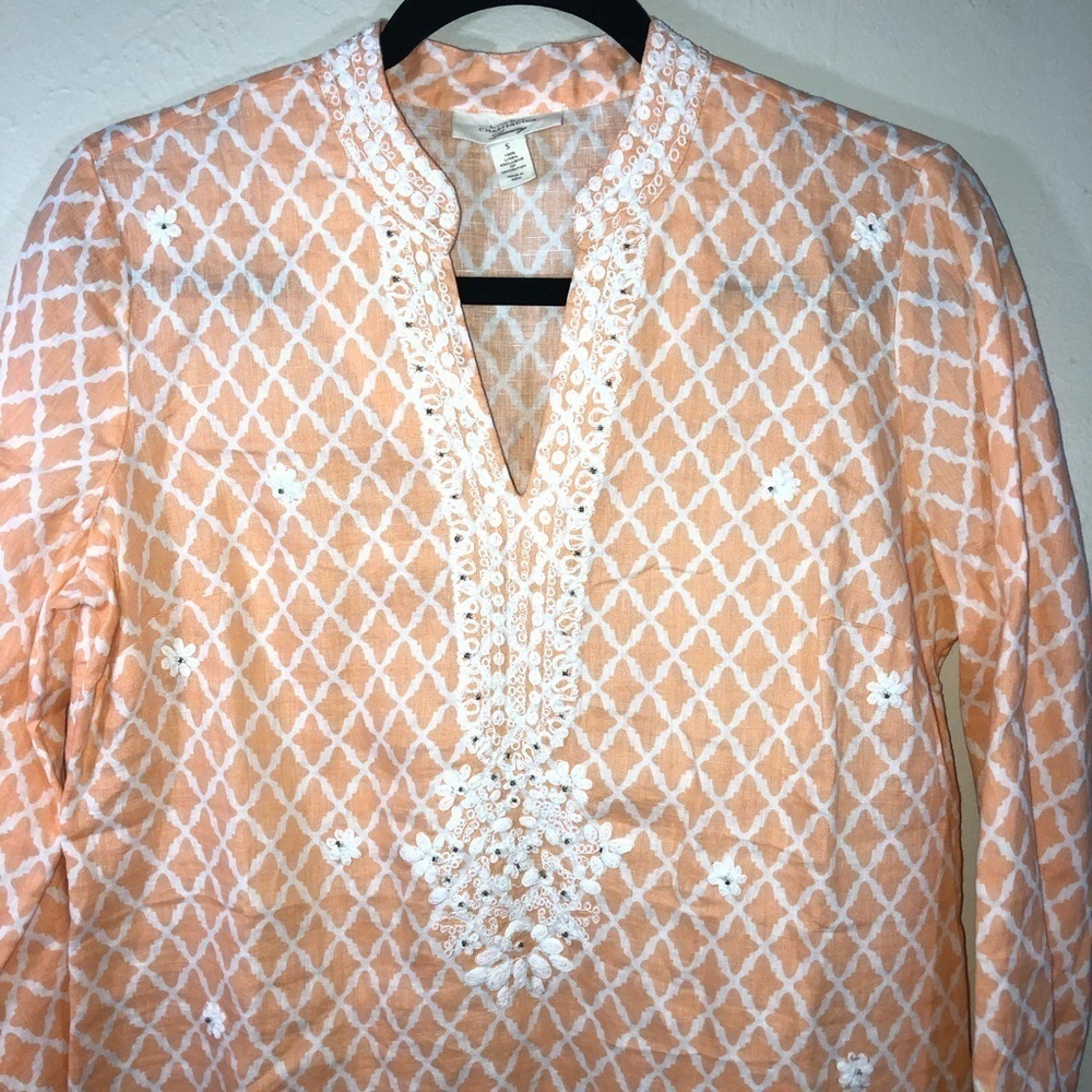 CHARTER CLUB Luxury 100% Linen Embroidered 3/4 Sleeve Tunic Top Sz S - Picture 7 of 9